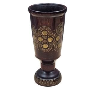 Vintage Russian Inlaid Brass Wood Hand Turned Chalice Pencil Cup Vase